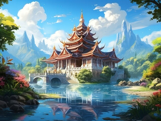 Naklejka premium Superb Painting of a Chinese landscape with a pagoda and a bridge