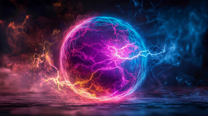 A spherical object emitting bright light in purple, pink and blue colors. Light looks like electrical discharges or plasma radiating across the surface of a sphere.