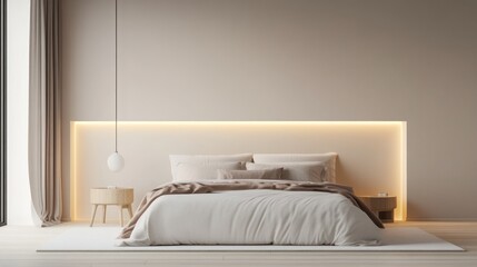 Minimalist bedroom with warm lighting and neutral tones.