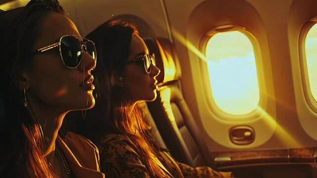 Sunset Flight Luxury Travel Women Airplane Window Golden Hour