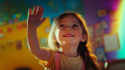 Child raising hand in class symbolizes curiosity and active learning.