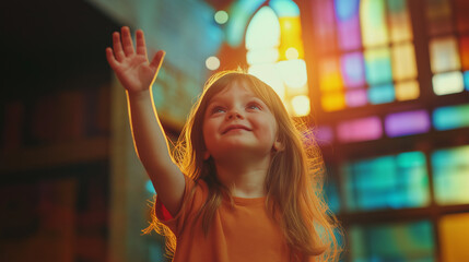 Child raising hand in class symbolizes curiosity and active learning.