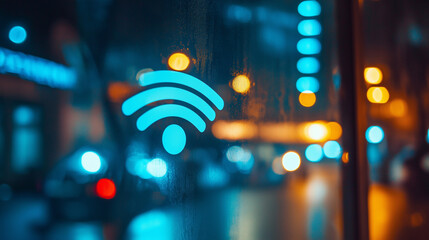 Wi-fi symbol glowing in urban night, symbolizing connectivity and digital communication.
