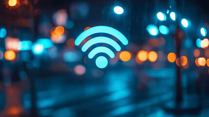 Wi-fi symbol glowing in urban night, symbolizing connectivity and digital communication.