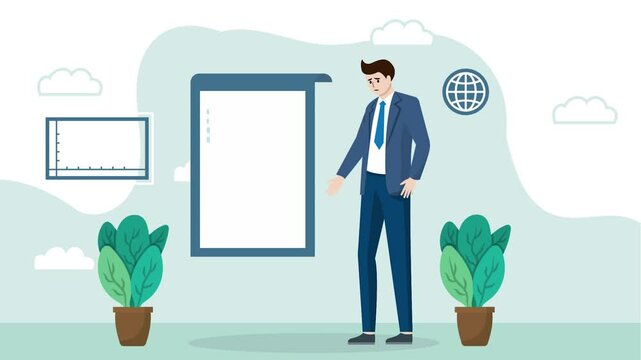 A sad man sits with declining graphs and rejection papers, symbolizing business or income loss. The animation uses a flat 2D cartoon style, simple and modern