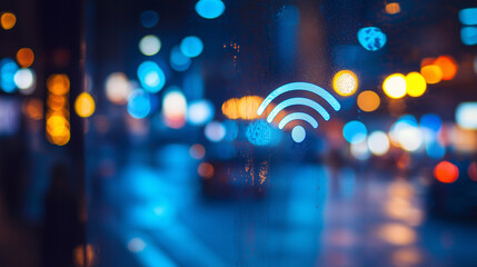 Wi-fi symbol glowing in urban night, symbolizing connectivity and digital communication.