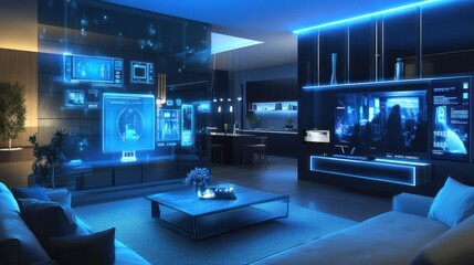 Smart Home Living Room with Holographic Displays