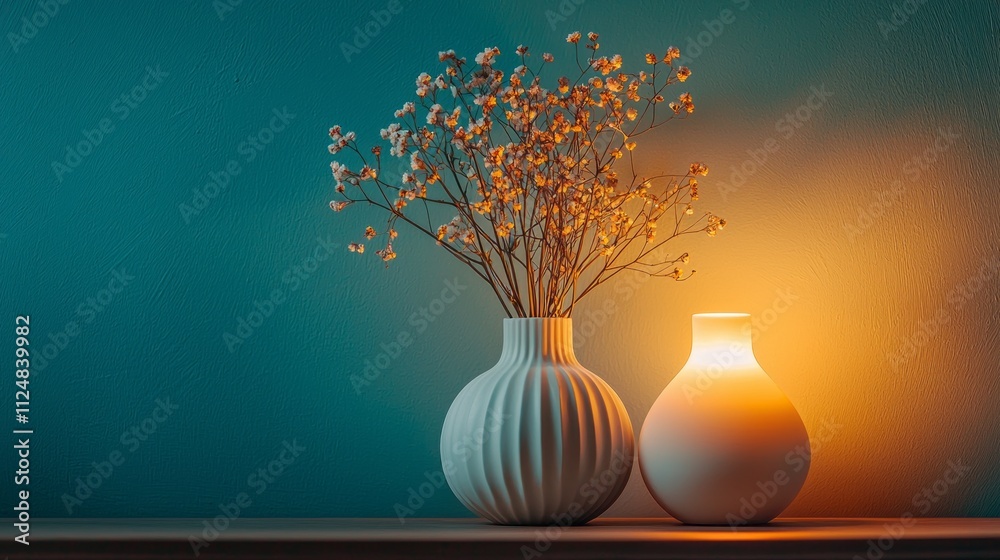 Poster soft light illuminates stylish vases showcasing delicate flowers, blending trendy mocha mousse hues 