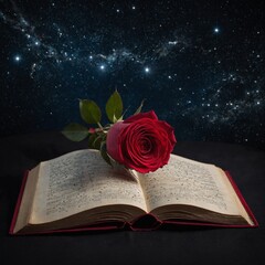 An open book with constellations coming out of its pages, a red rose resting on one side.