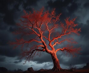 Obraz premium A fiery tree with glowing red bark and branches that seem to be ablaze against a dark and stormy night sky, intense storm, blazing branches, dark landscape