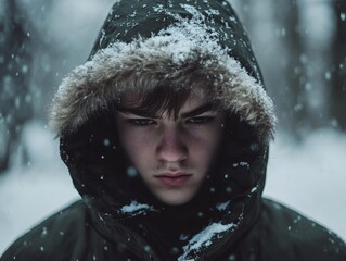 Youth in winter attire during snowfall outdoors.