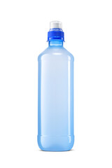 Blue bottle isotonic drink, sports energy drink with push pull cap dispenser isolated. Transparent PNG image.