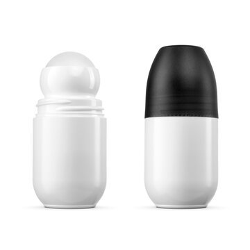 Blank open and closed plastic roll-on antiperspirant deodorant bottle with black cap isolated. Transparent PNG image.
