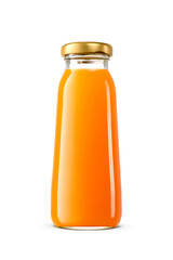 A clear glass bottle filled with carrot juice isolated. Transparent PNG image.