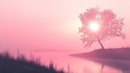 Ambient Pink Morning Sun Landscape with Foggy Lake and Single Tree Silhouette with Room for Text