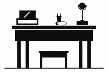 Detailed Black Silhouette Vector Illustration of a Teacher's Desk on a White Background