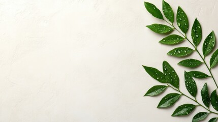 Fresh green leaves adorned with water droplets against a light textured background, perfect for nature-themed projects, wellness branding, or designing eco-friendly products,