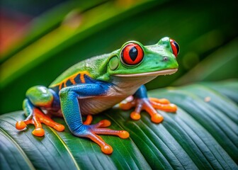 Naklejka premium Captivating Close-up of a Vibrant Green Frog with Orange and Blue Markings on a Lush Green Leaf, Highlighting Nature's Stunning Colors and Diversity in the Wild