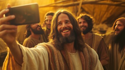 Fototapeta premium Jesus Christ Taking a Selfie with His Disciples in the Golden Hour Sunlight A Memorable Moment Captured