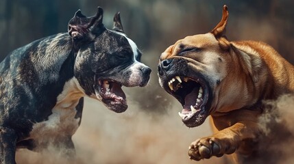 American Staffordshire Terrier fighting with mongrel dog