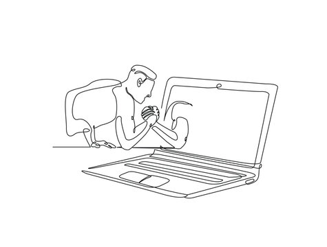 Continuous one line drawing of man fight arm wrestling with laptop. Metaphor of human versus technologi, AI, future tech illustration. Editable vector.