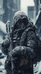 Fototapeta premium Post-apocalyptic survivor in snowy urban ruins wearing gas mask