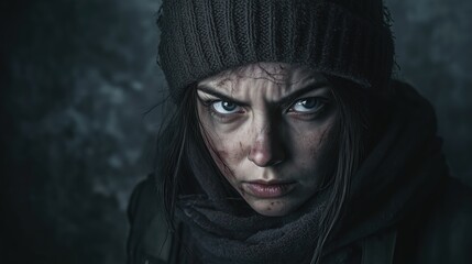 Post-apocalyptic female survivor with intense gaze in harsh environment