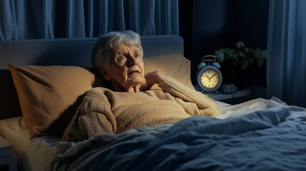 Elderly individual experiencing sleep disturbance, reflecting the challenges of aging and the importance of restful nights for overall well-being.