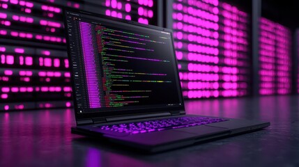Obraz premium Modern Laptop Displaying Colorful Code in a Data Center Environment with Neon Lights