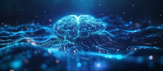 3D rendering of a blue, glowing digital brain floating on top of waves, with light trails and data flowing around it