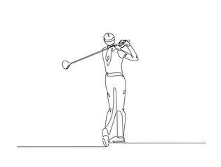 Continuous one line drawing of young woman playing golf. Female golfer swinging the stick to hit ball illustration. Editable vector.