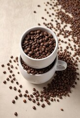 Fototapeta premium Aromatic coffee beans scattered around a ceramic coffee cup , tabletop, coffee beans