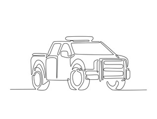 Continuous one line drawing of police or cop car with lights and siren on. Police vehicle in single line art illustration. Editable vector.