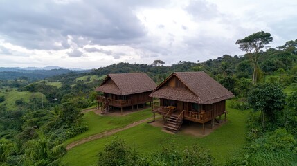 Fototapeta premium Picturesque Wooden Cabins Nestled in Lush Green Landscape Under Overcast Sky