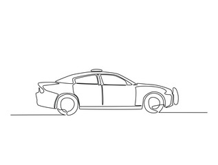 Obraz premium Continuous one line drawing of police or cop car with lights and siren on. Police vehicle in single line art illustration. Editable vector.
