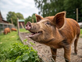 Captivating Close-Up Portrait of a Playful Brown Pig at a Petting Zoo in the Netherlands, Emphasizing Expressions and Natural Outdoor Setting with Rule of Thirds Composition