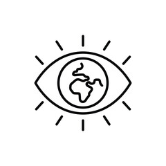 Global vision icon. Simple outline style. Eye with the earth in place of the iris, earth, world, globe, ecology, business concept. Thin line symbol. Vector illustration isolated.