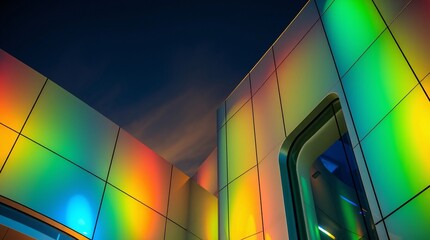 Modern Architecture at Night: A captivating low-angle shot of a vibrant building bathed in iridescent light, showcasing contemporary architectural design and the allure of urban spaces after dark.