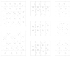 Illustration of eight different white puzzles, separate pieces	
