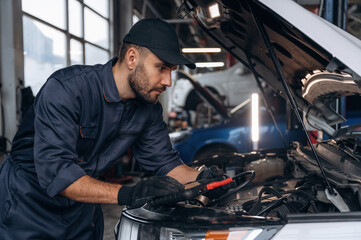 View from the side, opened hood. Mechanic working in a car service station