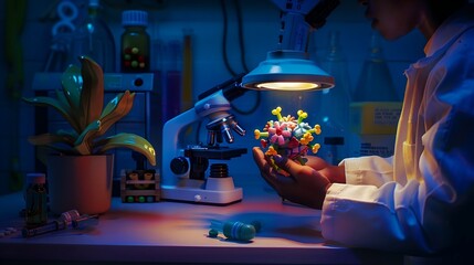 Scientist in lab coat holding molecular model of serotonin receptor, with microscope and scientific instruments, highlighting the significance of neuroscience research.