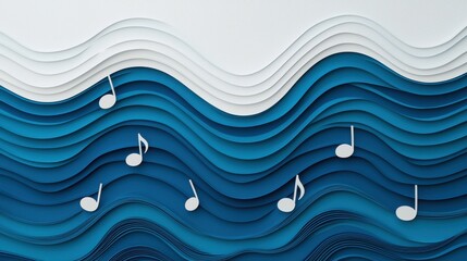 Fototapeta premium Abstract Waves with Musical Notes in Blue and White Paper Cut Design