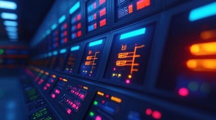 Obraz premium Futuristic Control Room Interface with Bright Colorful Displays and Digital Readouts