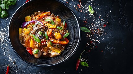 A vibrant bowl of stir-fried vegetables and shrimp, garnished with herbs and sesame seeds.