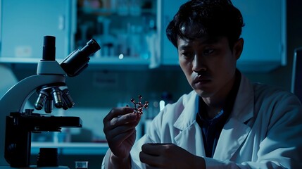 Scientist in lab coat holding molecular model of serotonin receptor, with microscope and scientific instruments, highlighting the significance of neuroscience research.