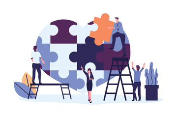 People put the puzzle pieces together to red heart shape form flat style illustration vector design