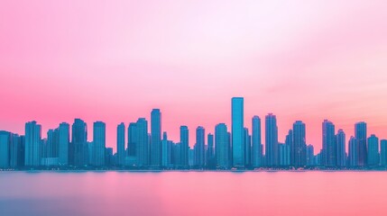 Fototapeta premium Modern City Skyline at Sunset with Vibrant Pink and Purple Skies over Reflective Water