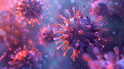 Microscopic view of virus particles, depicting their complex structure and potential for infection.