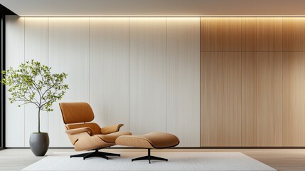 Cozy modern interior design with stylish chair and decorative plant in serene space