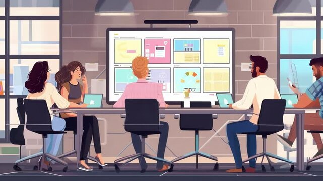 Marketing team is having a meeting in the office, brainstorming and discussing new ideas for an innovative manufacturing project